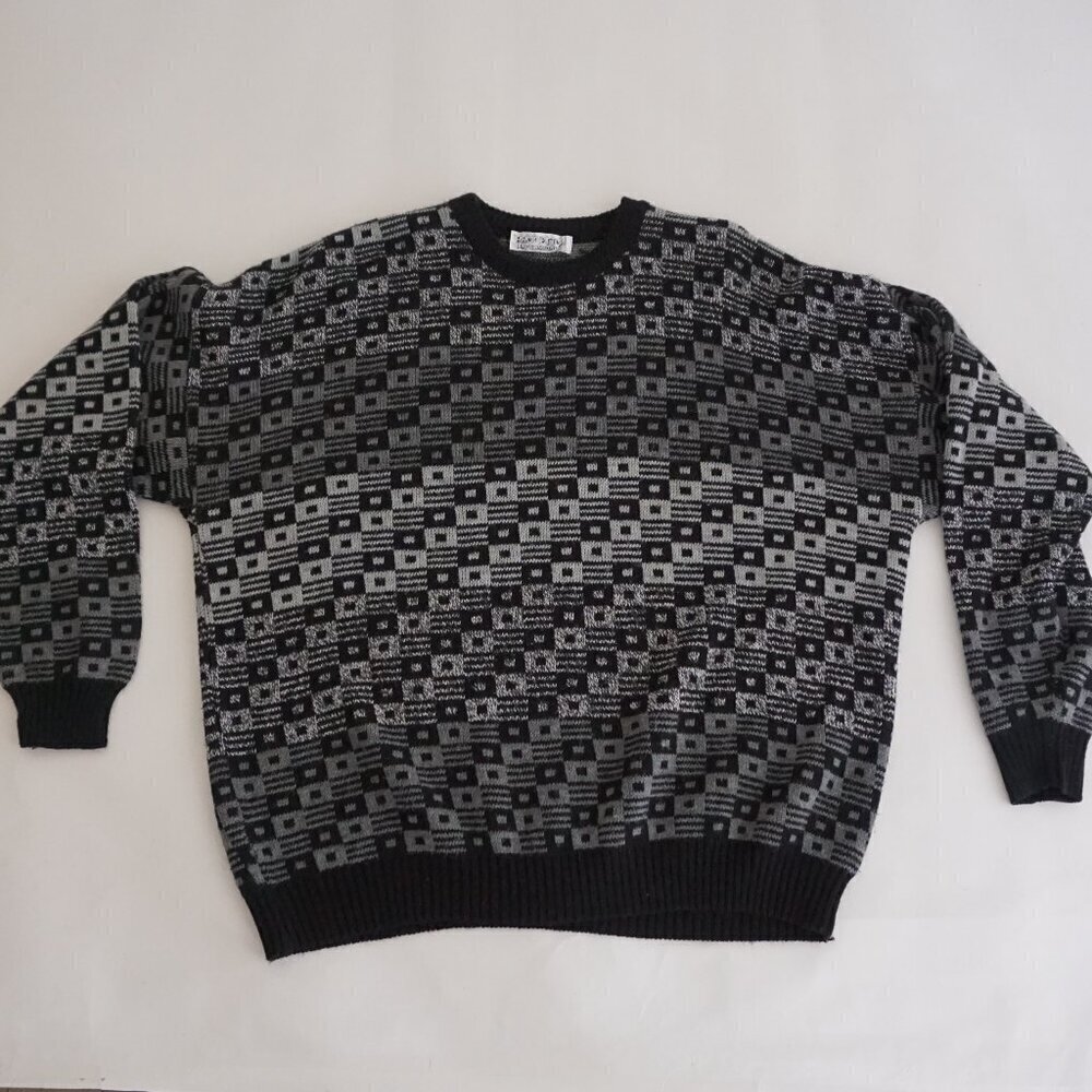 Vintage 80S Progetto Black Gray 3D Eclectic Grandpa Knit Crewneck Sweater XL